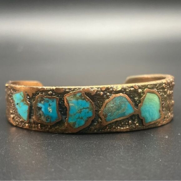 1970s Bell Copper Cuff Bracelet with Turquoise - Picture 1 of 8